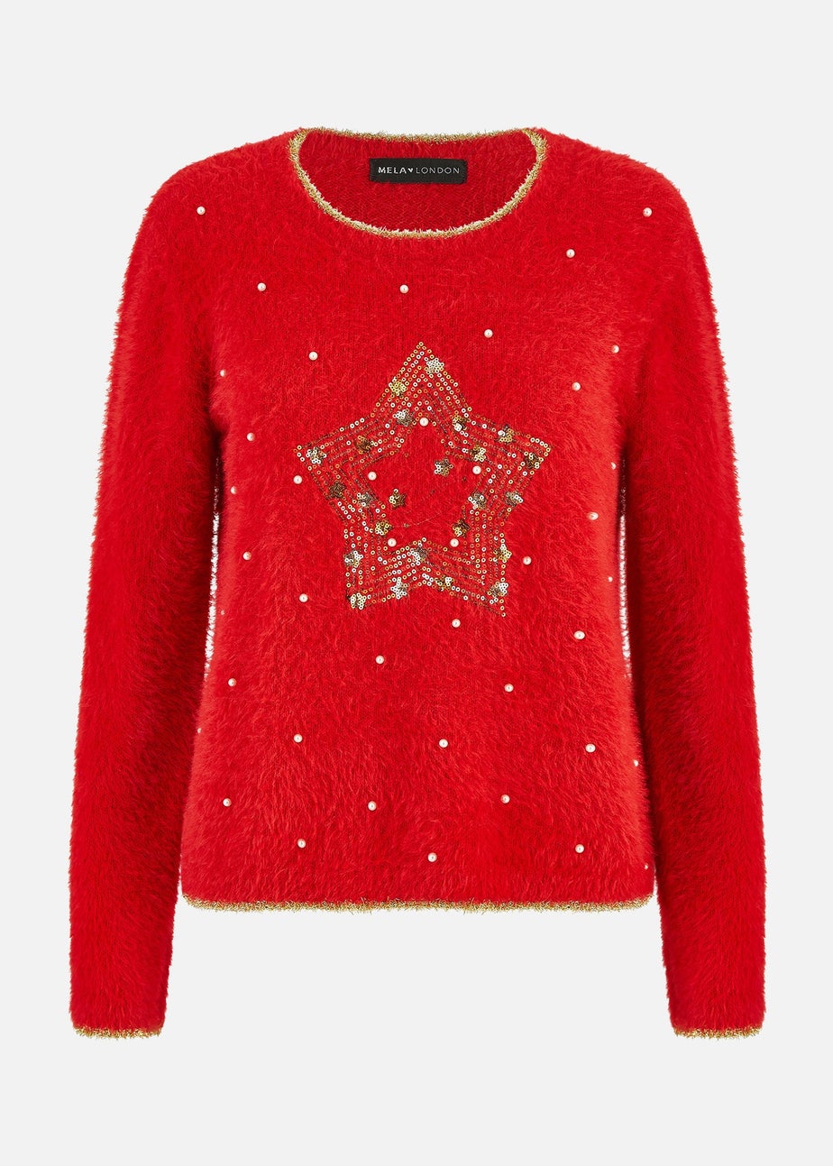 Yumi Red Fluffy Star Christmas Jumper