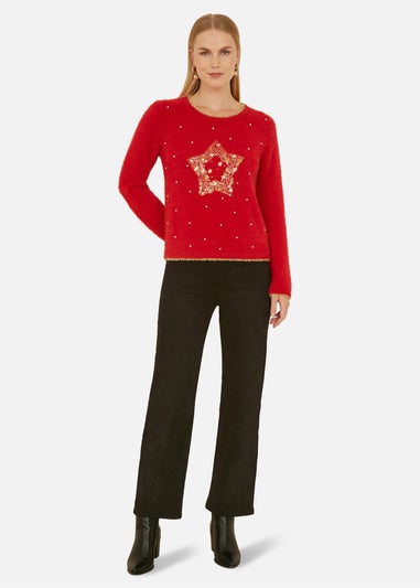 Yumi Red Fluffy Star Christmas Jumper