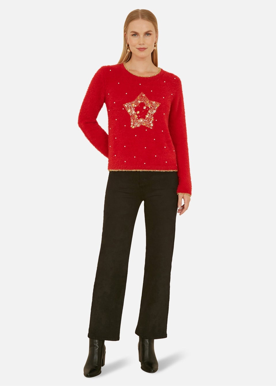 Yumi Red Fluffy Star Christmas Jumper