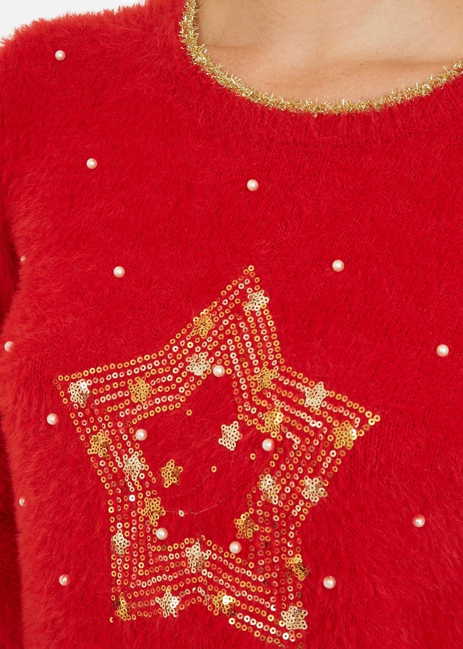 Yumi Red Fluffy Star Christmas Jumper