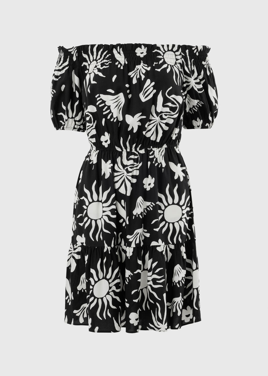 Black Sun Print Bardot Mini Dress