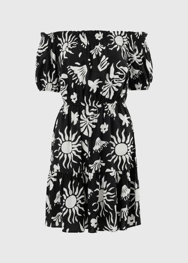 Black Sun Print Bardot Mini Dress