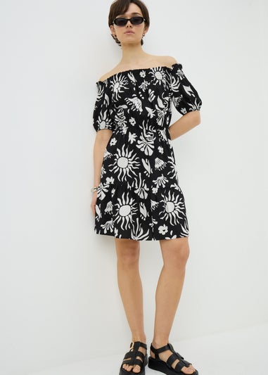 Black Sun Print Bardot Mini Dress