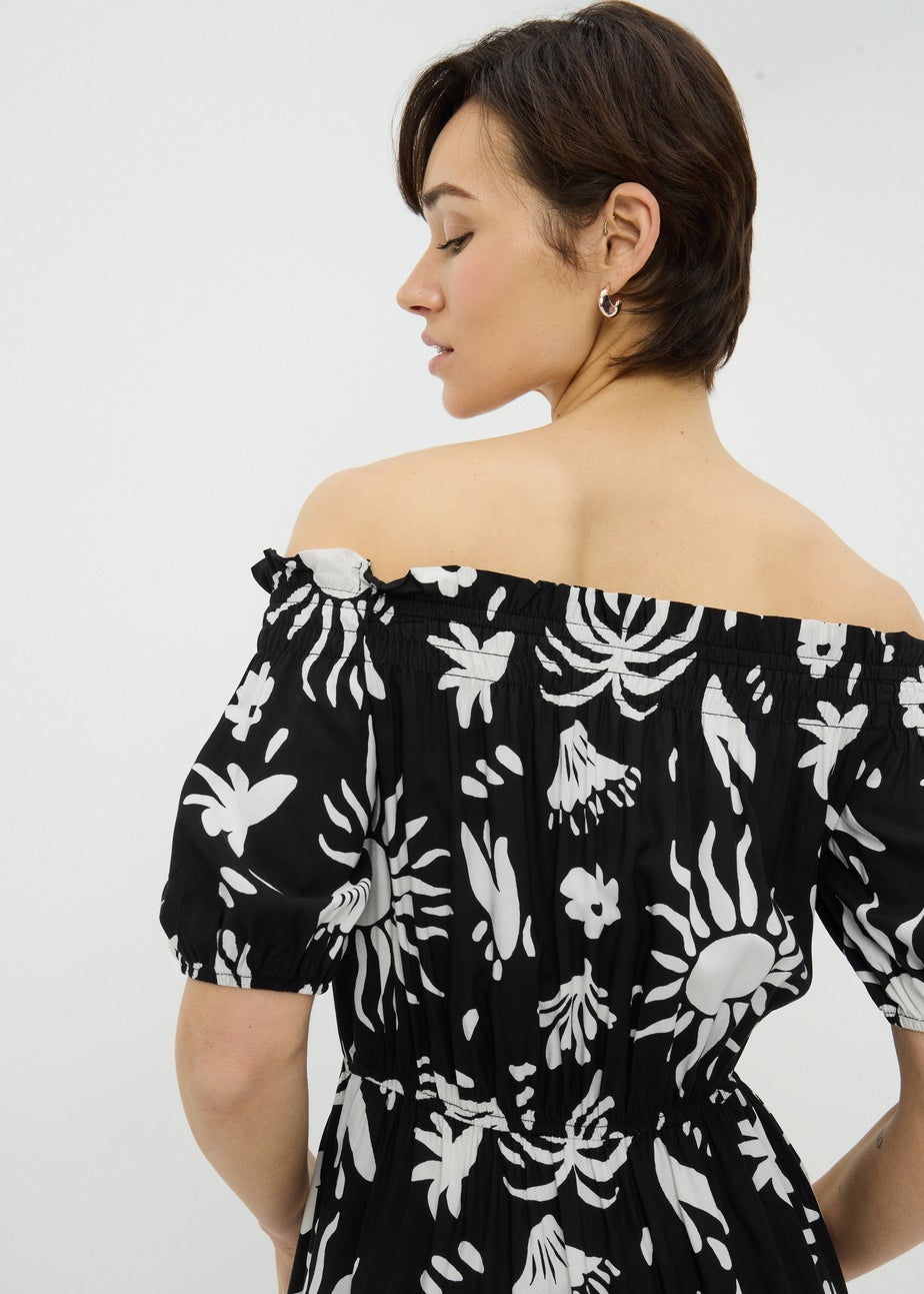 Black Sun Print Bardot Mini Dress