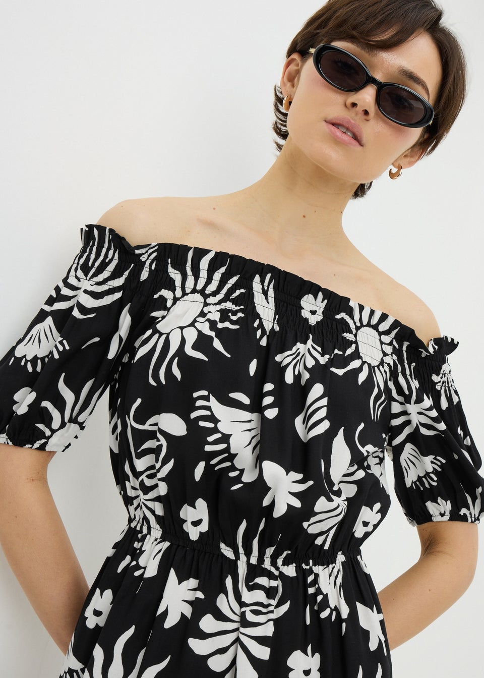 Black Sun Print Bardot Mini Dress