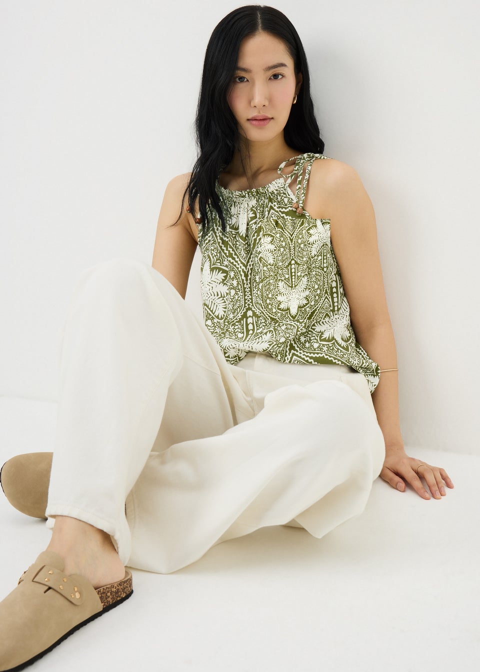 Khaki Palm Print Cami Co Ord Top