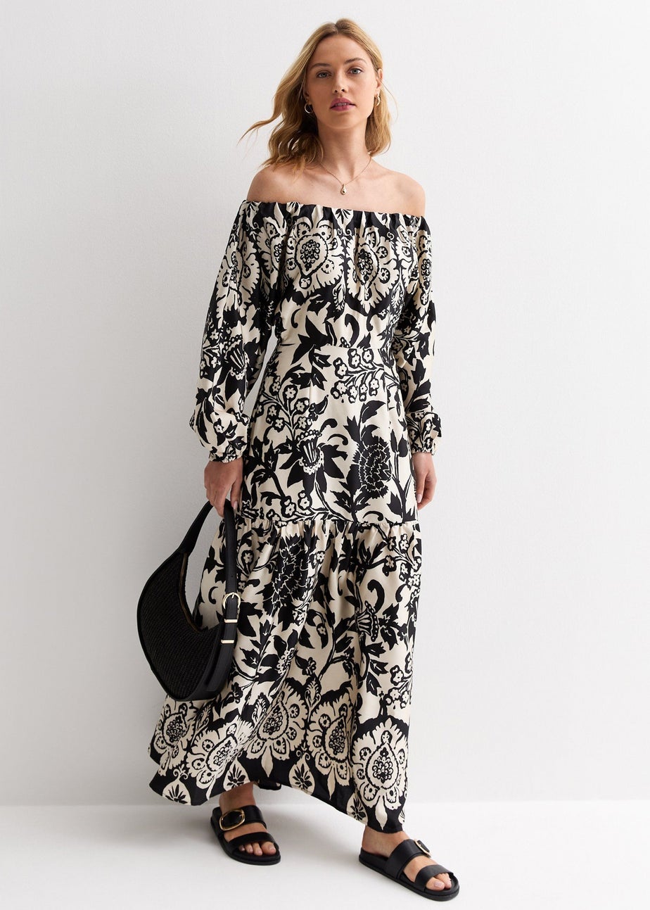 Gini London Mono Border Print Bardot Maxi Dress