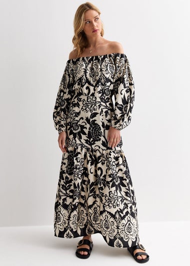 Gini London Mono Border Print Bardot Maxi Dress