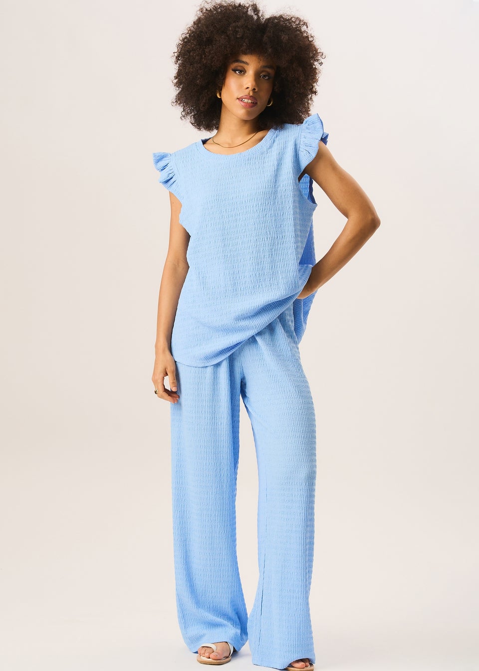 Gini London Blue Frill Sleeves Textured Oversized Top