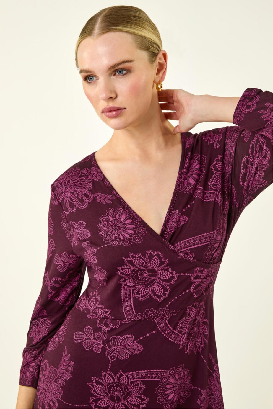 Roman Magenta Petite Floral Frill Wrap Dress