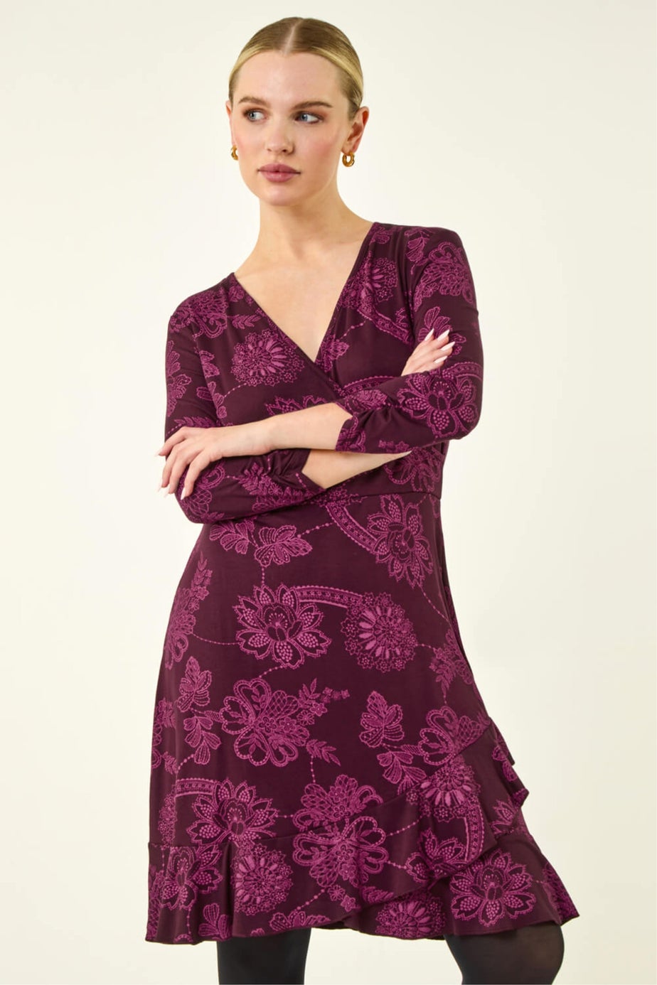 Roman Magenta Petite Floral Frill Wrap Dress