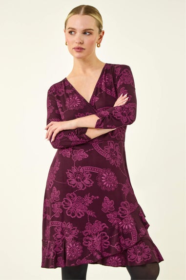 Roman Magenta Petite Floral Frill Wrap Dress