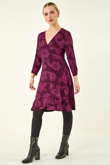Roman Magenta Petite Floral Frill Wrap Dress
