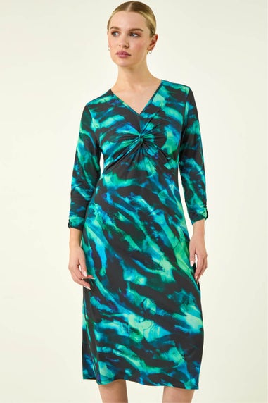 Roman Green Petite Abstract Twist Front Dress