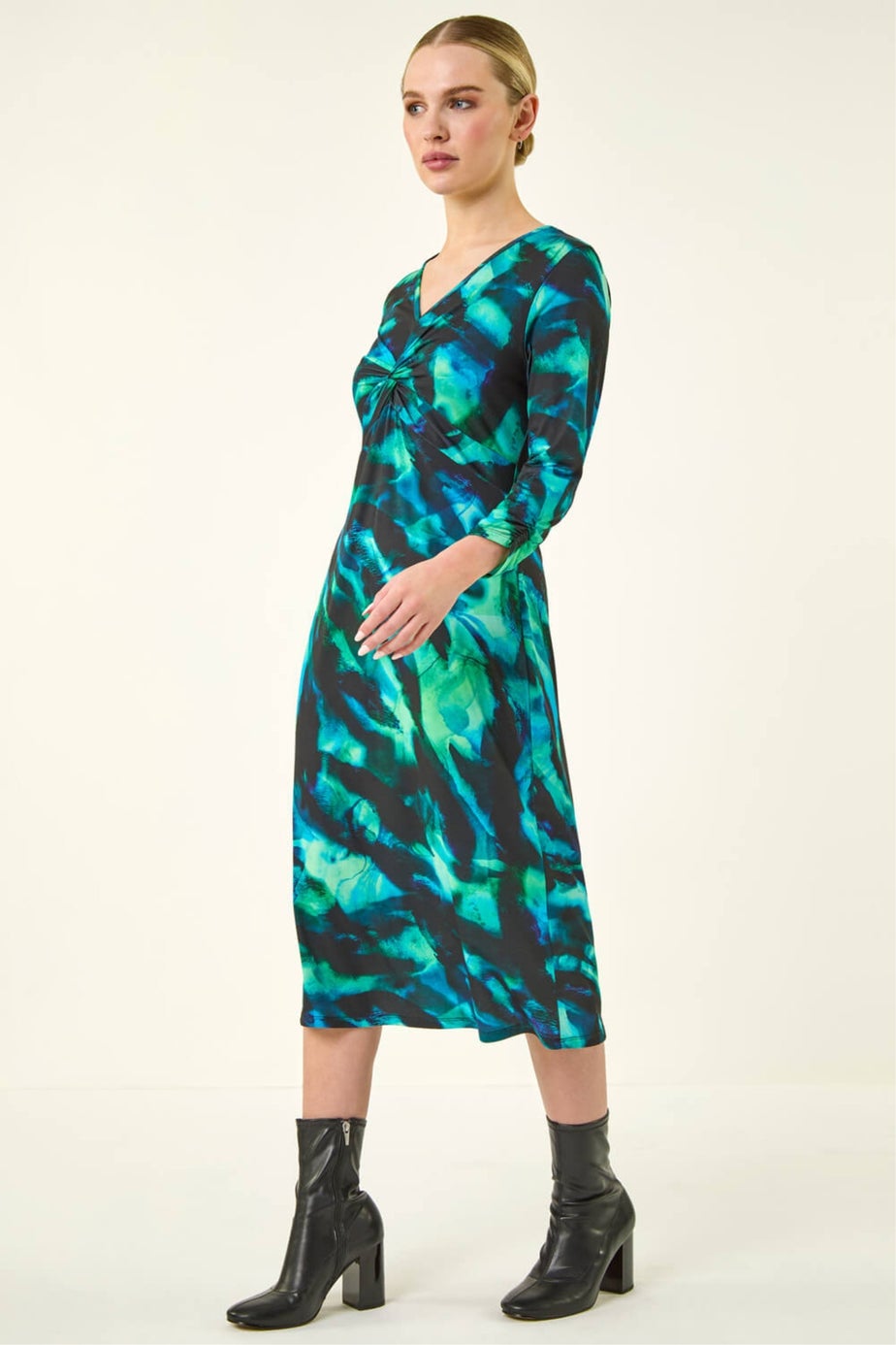 Roman Green Petite Abstract Twist Front Dress