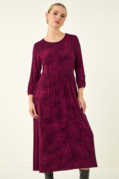 Roman Magenta Petite Feather Print Stretch Midi Dress