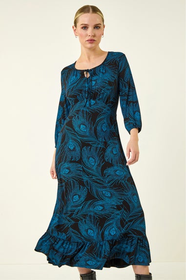 Roman Blue Petite Feather Print Keyhole Midi Dress