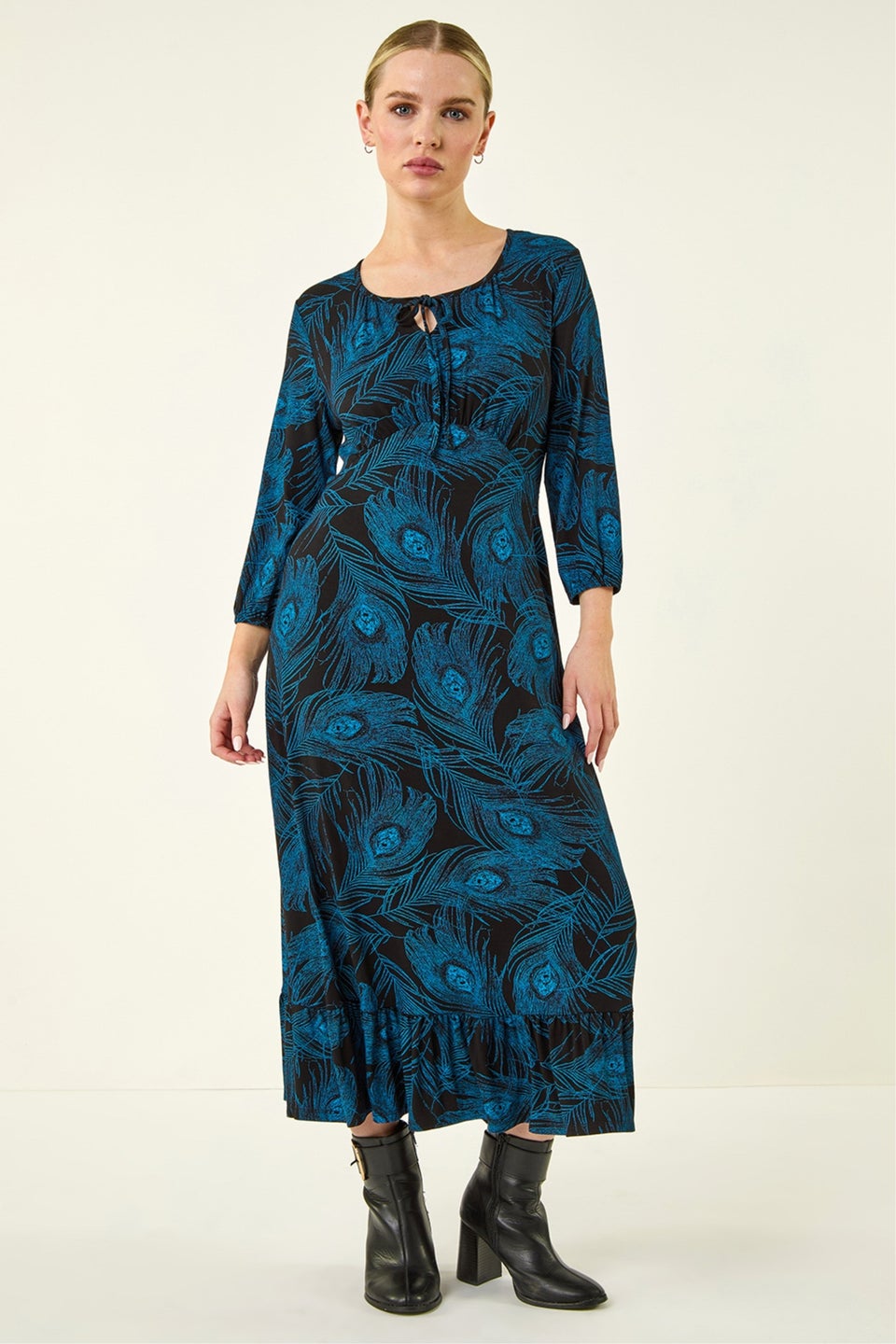 Roman Blue Petite Feather Print Keyhole Midi Dress