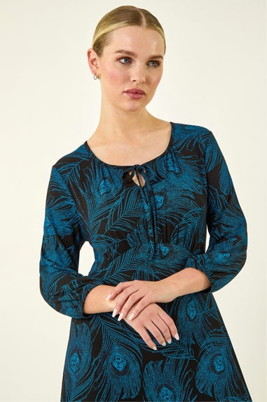 Roman Blue Petite Feather Print Keyhole Midi Dress