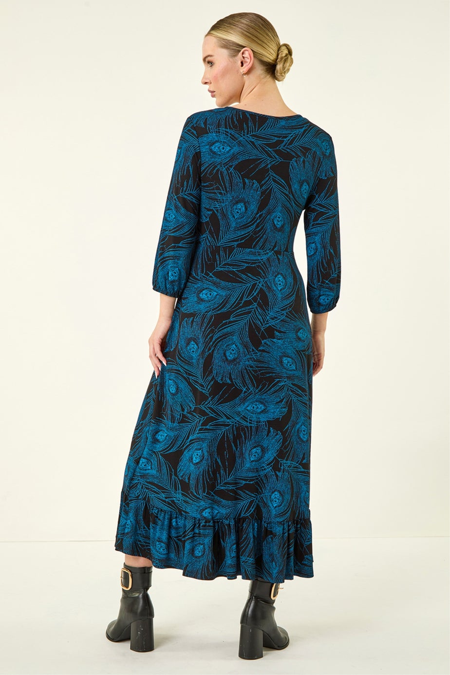 Roman Blue Petite Feather Print Keyhole Midi Dress