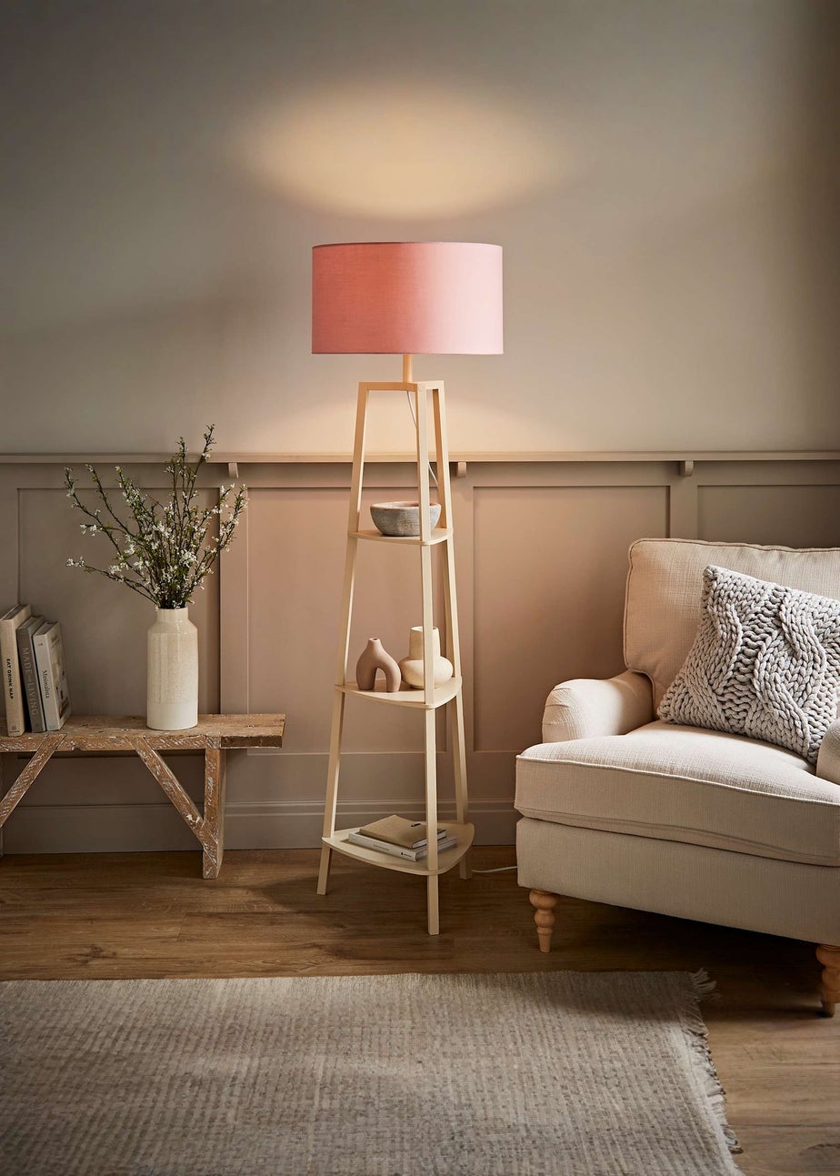 ValueLights Hiru Cream 3 Tier Shelf Floor Lamp with Blush Drum Shade
