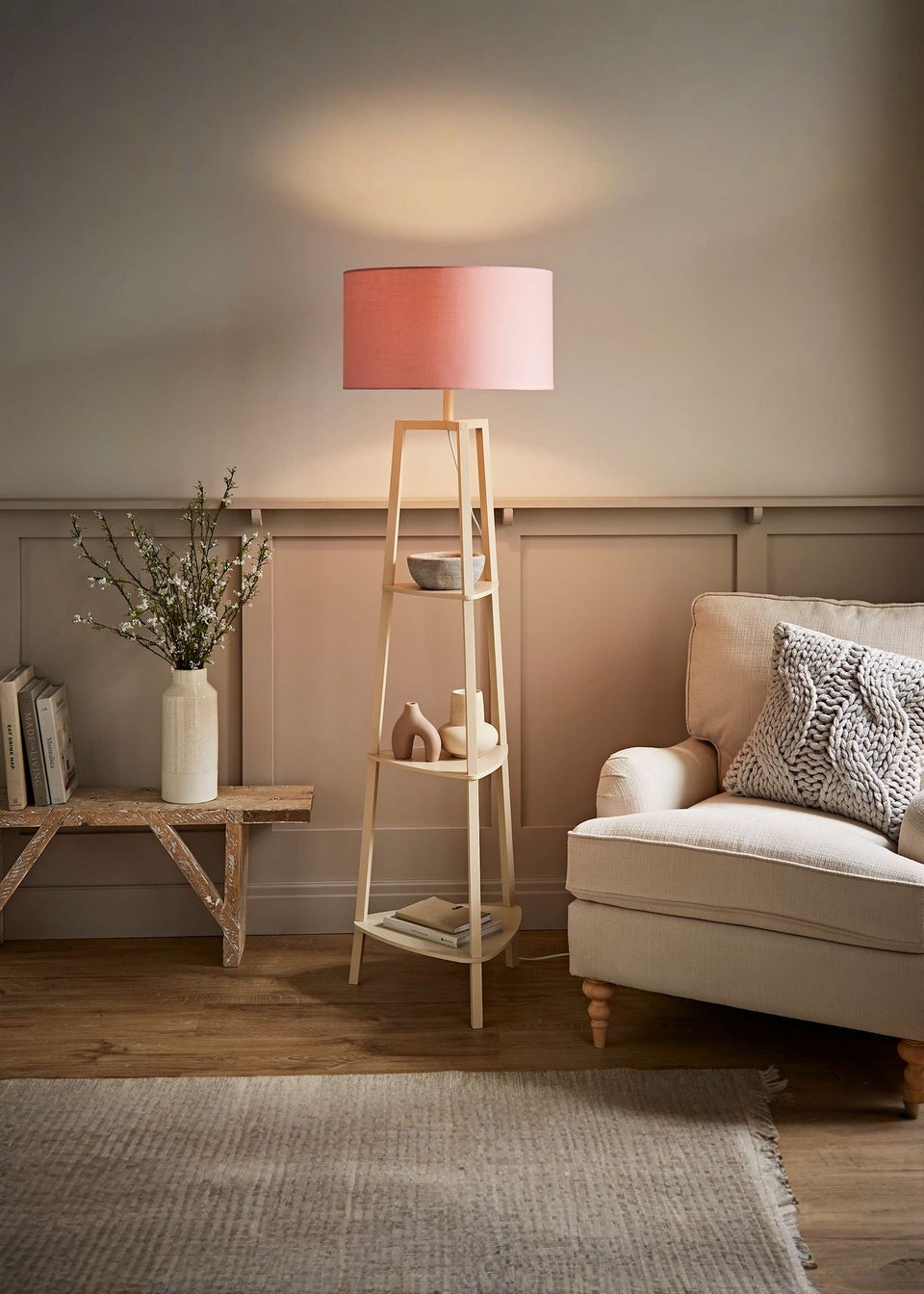 ValueLights Hiru Cream 3 Tier Shelf Floor Lamp with Blush Drum Shade