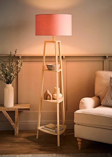 ValueLights Hiru Cream 3 Tier Shelf Floor Lamp with Blush Drum Shade