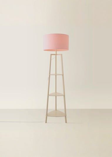 ValueLights Hiru Cream 3 Tier Shelf Floor Lamp with Blush Drum Shade