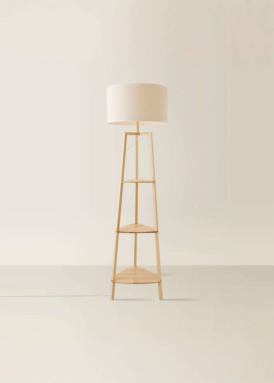 ValueLights Hiru Natural 3 Tier Shelf Floor Lamp with White Trim Linen Shade