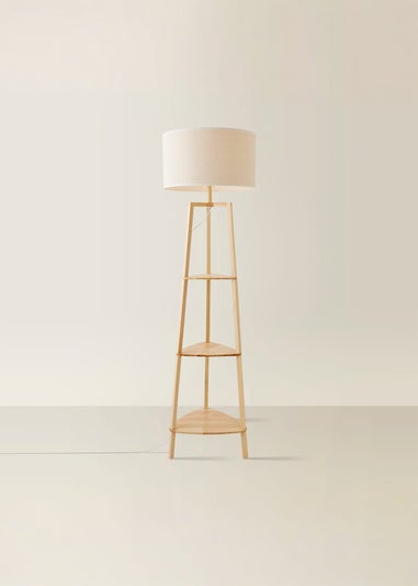 ValueLights Hiru Natural 3 Tier Shelf Floor Lamp with White Trim Linen Shade