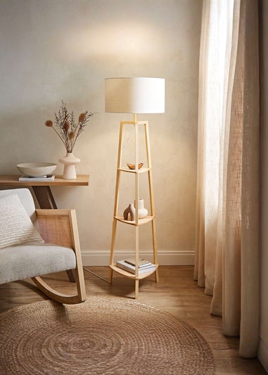 ValueLights Hiru Natural 3 Tier Shelf Floor Lamp with White Trim Linen Shade