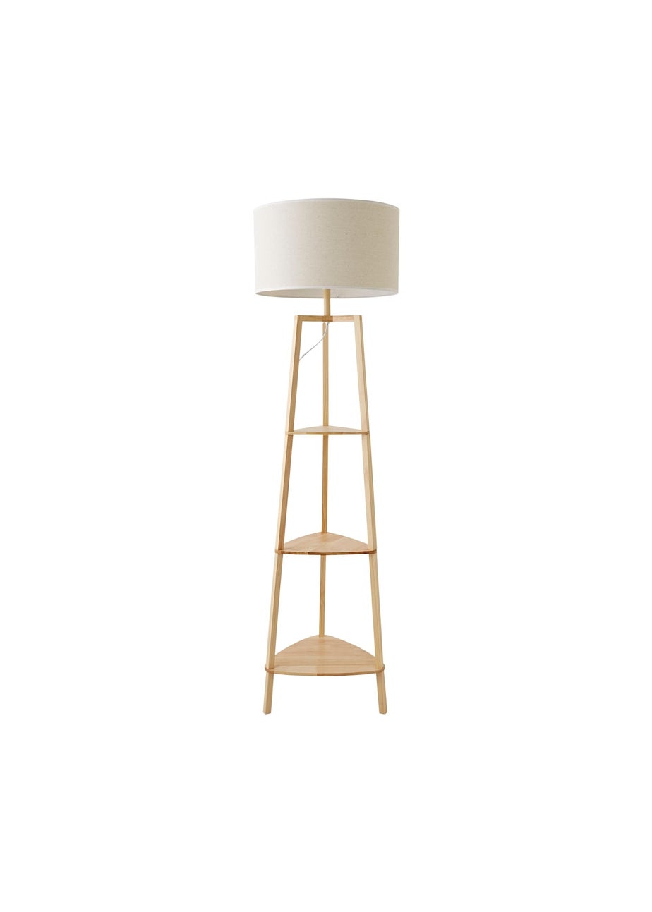ValueLights Hiru Natural 3 Tier Shelf Floor Lamp with White Trim Linen Shade