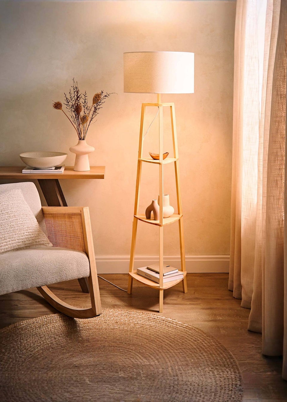 ValueLights Hiru Natural 3 Tier Shelf Floor Lamp with White Trim Linen Shade