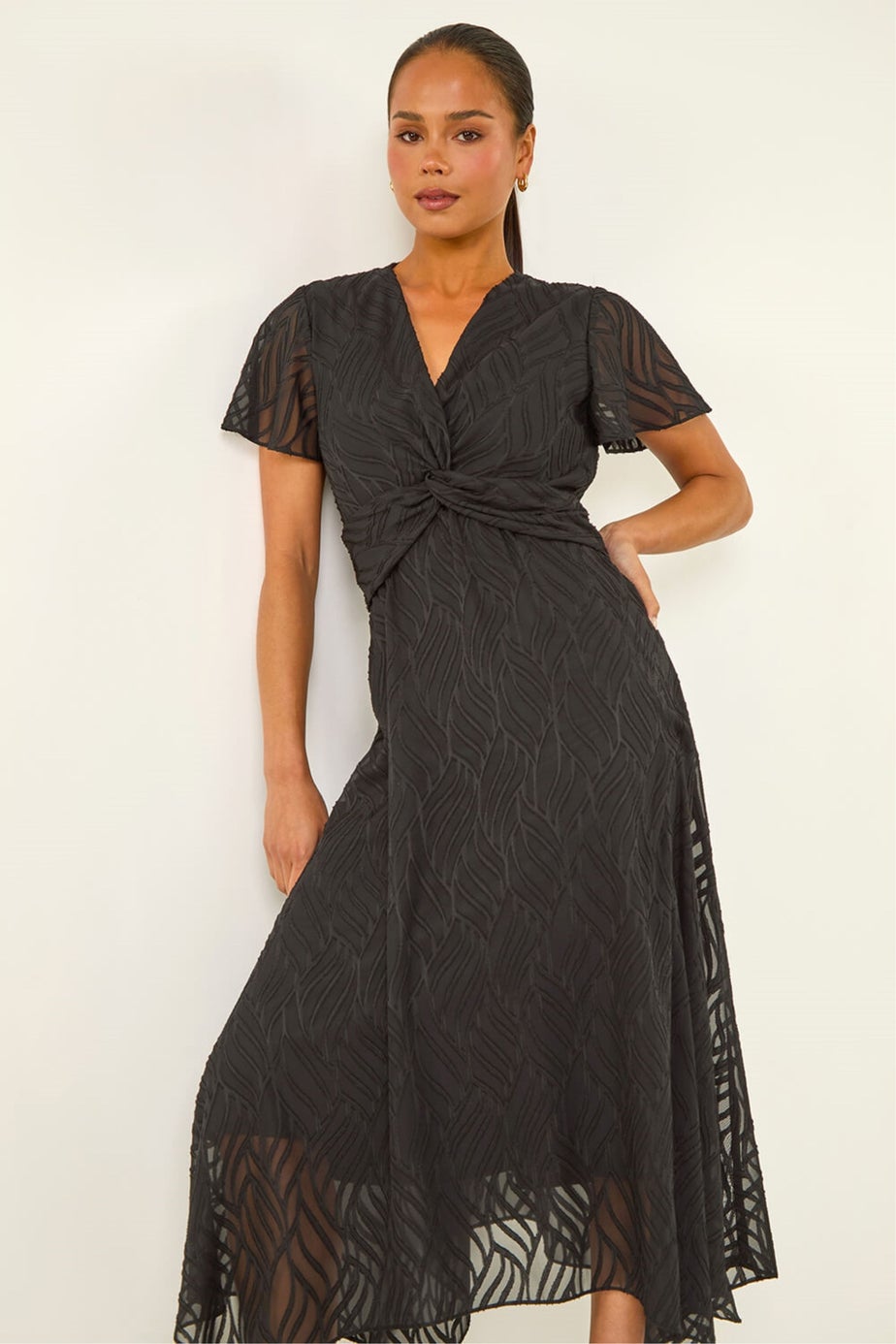 Roman Black Petite Front Twist Jacquard Dress
