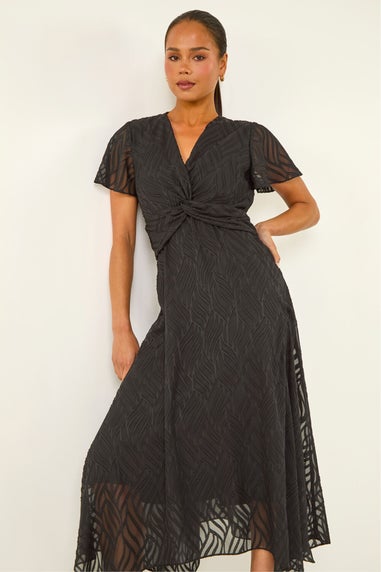 Roman Black Petite Front Twist Jacquard Dress