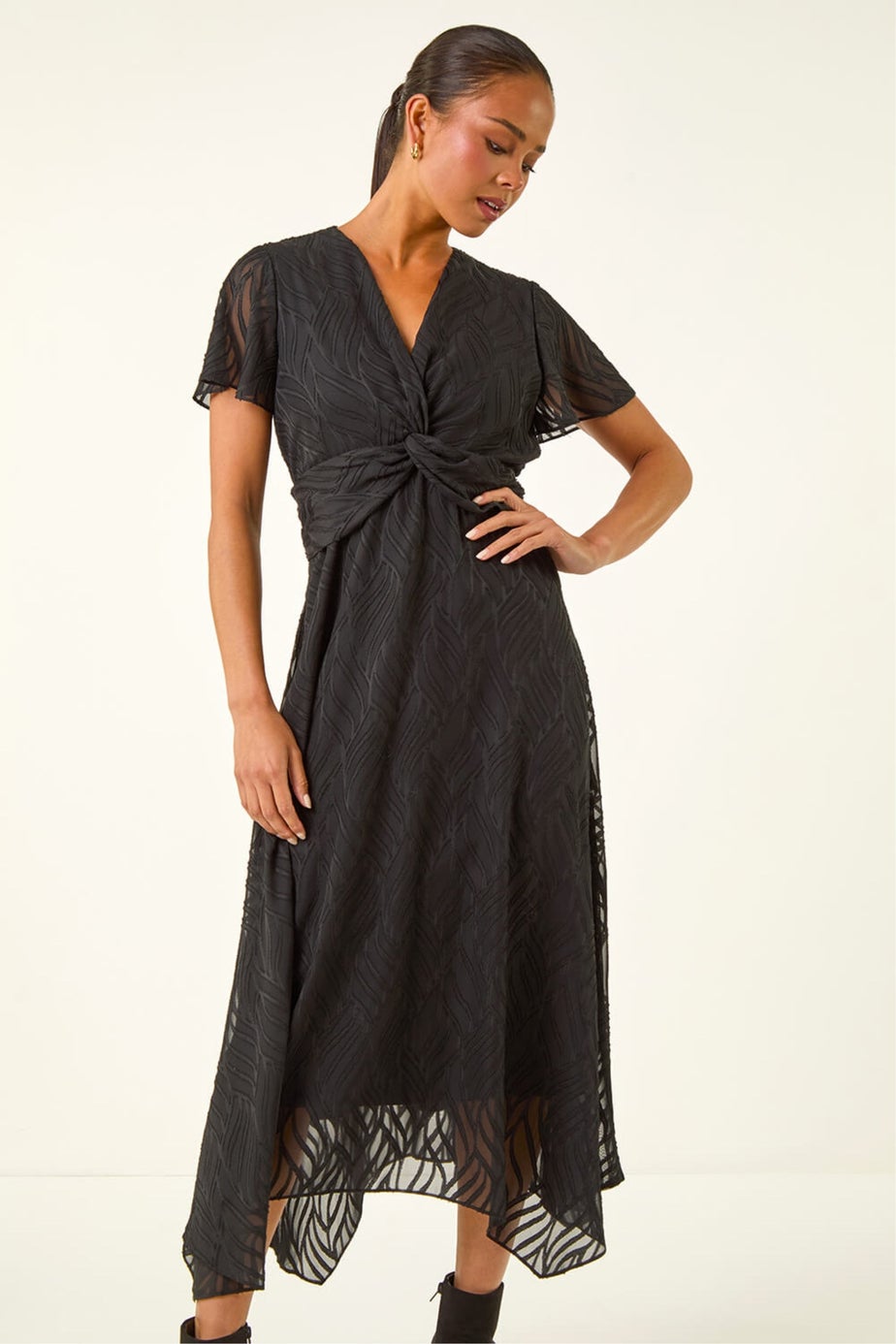 Roman Black Petite Front Twist Jacquard Dress