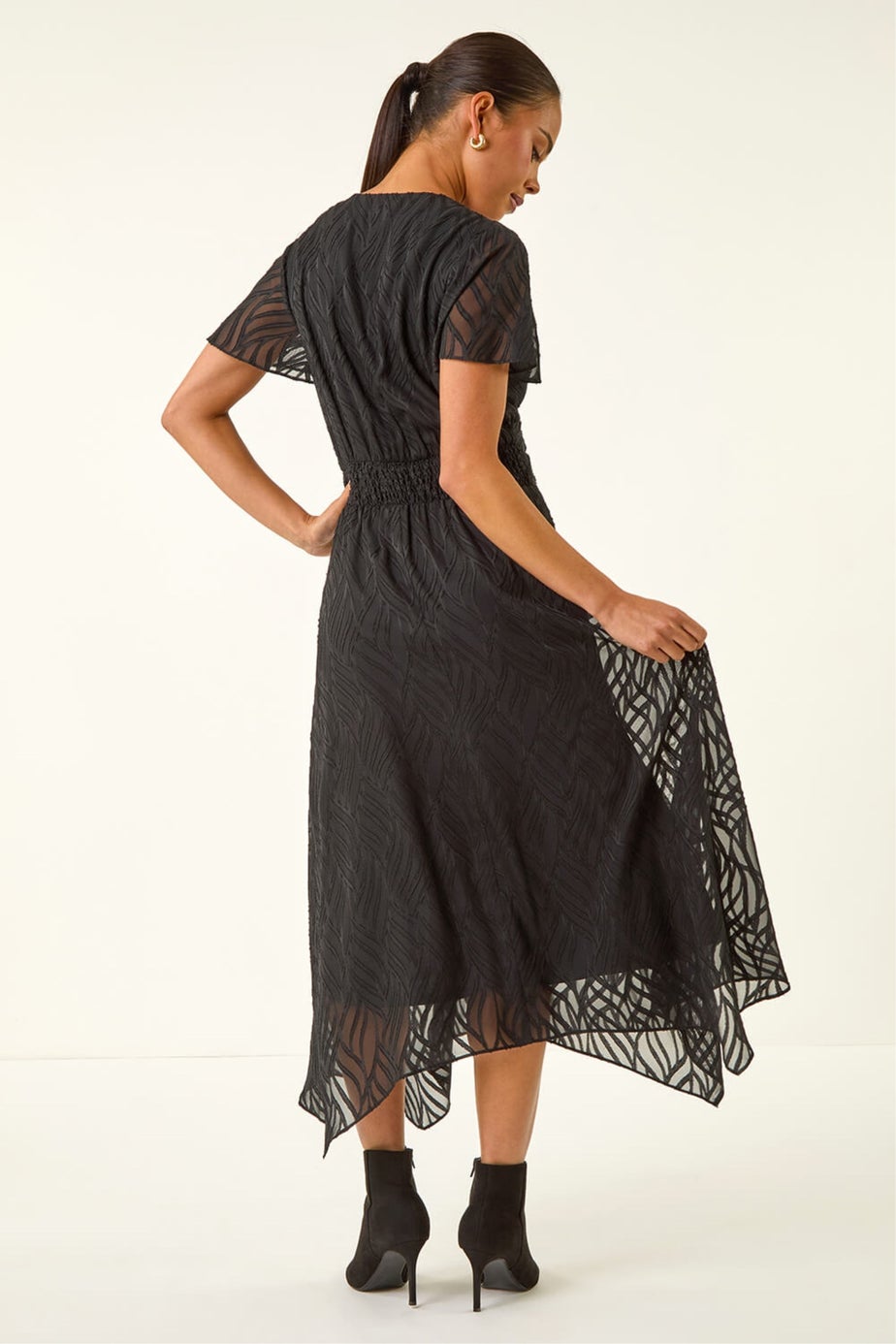 Roman Black Petite Front Twist Jacquard Dress