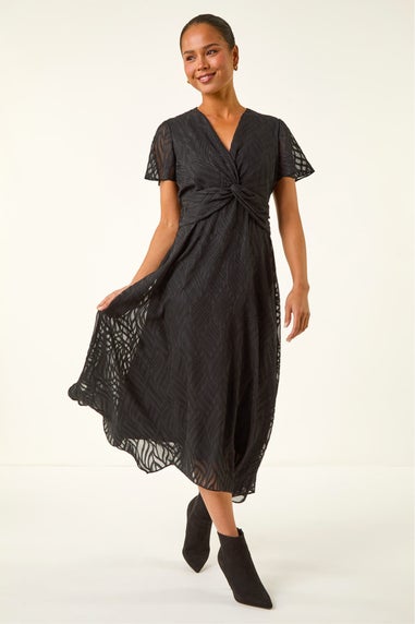 Roman Black Petite Front Twist Jacquard Dress