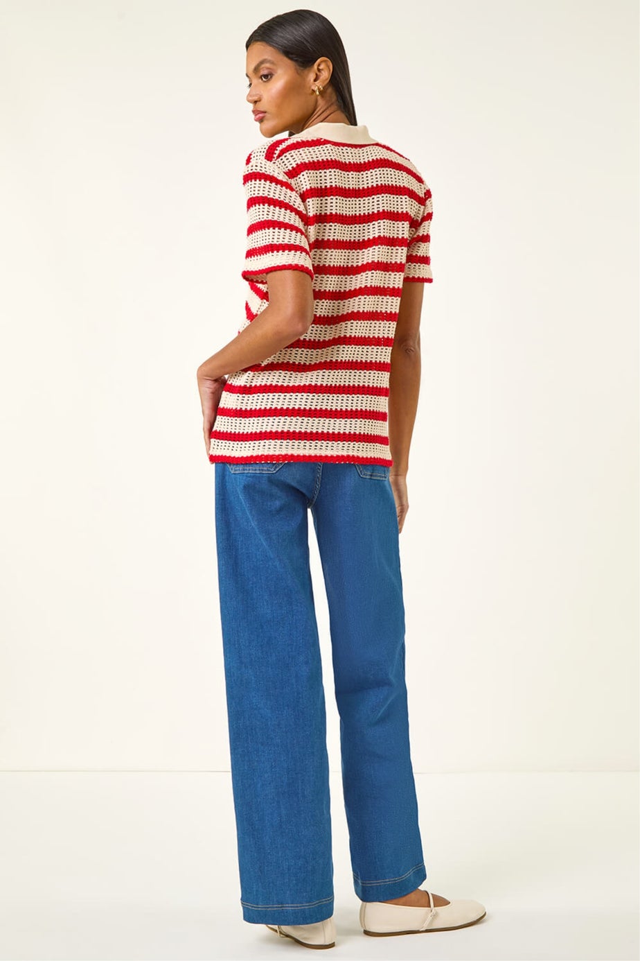 Roman Red Stripe Crochet Collar Knit Top