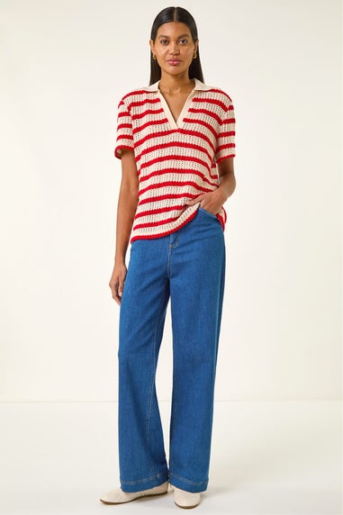 Roman Red Stripe Crochet Collar Knit Top