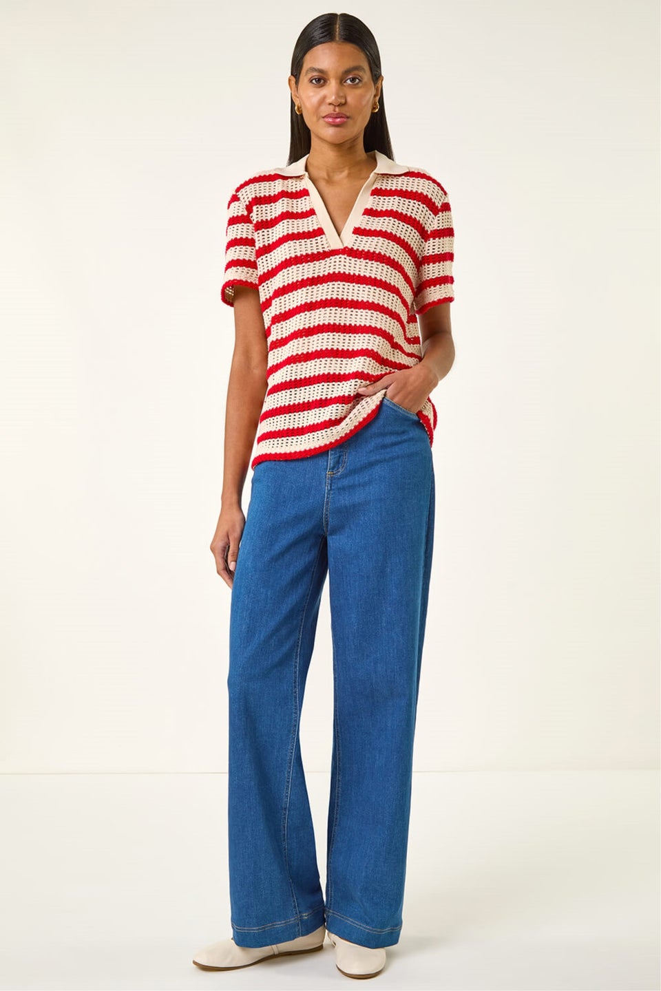 Roman Red Stripe Crochet Collar Knit Top