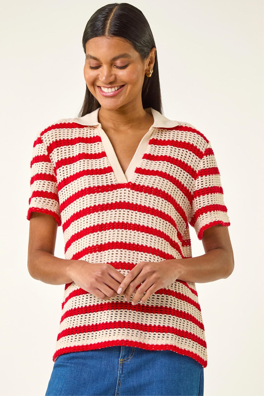Roman Red Stripe Crochet Collar Knit Top