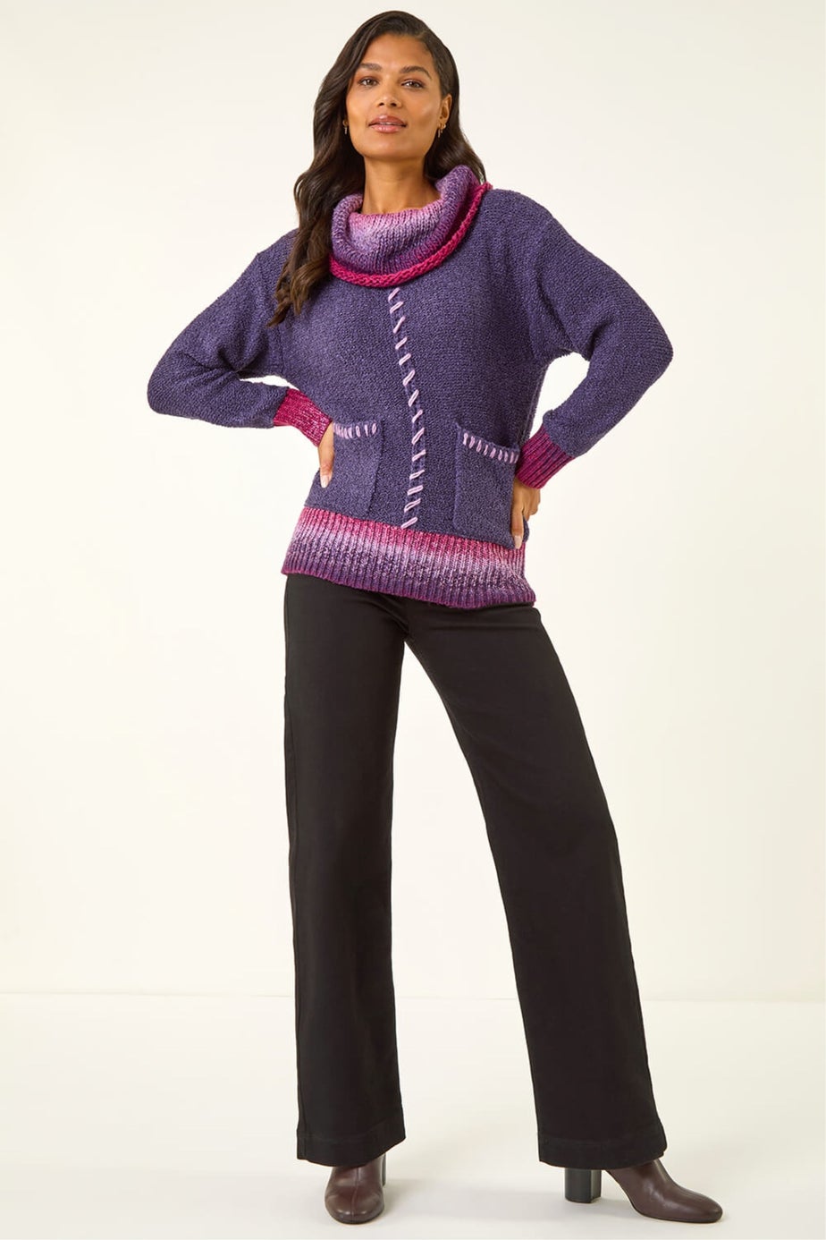 Roman Purple Roll Neck Patch Pocket Knit Jumper