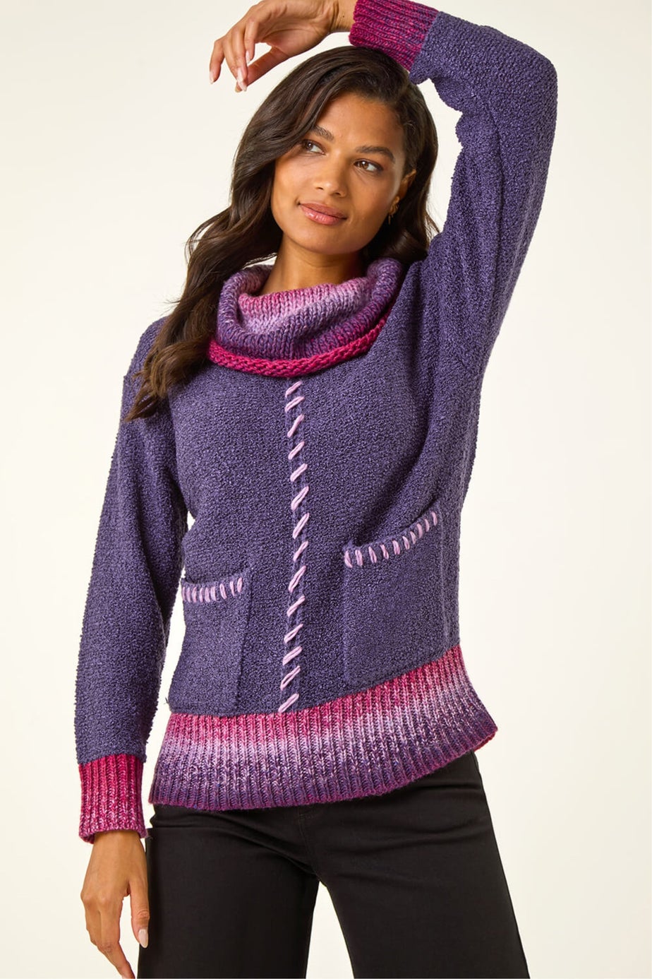 Roman Purple Roll Neck Patch Pocket Knit Jumper