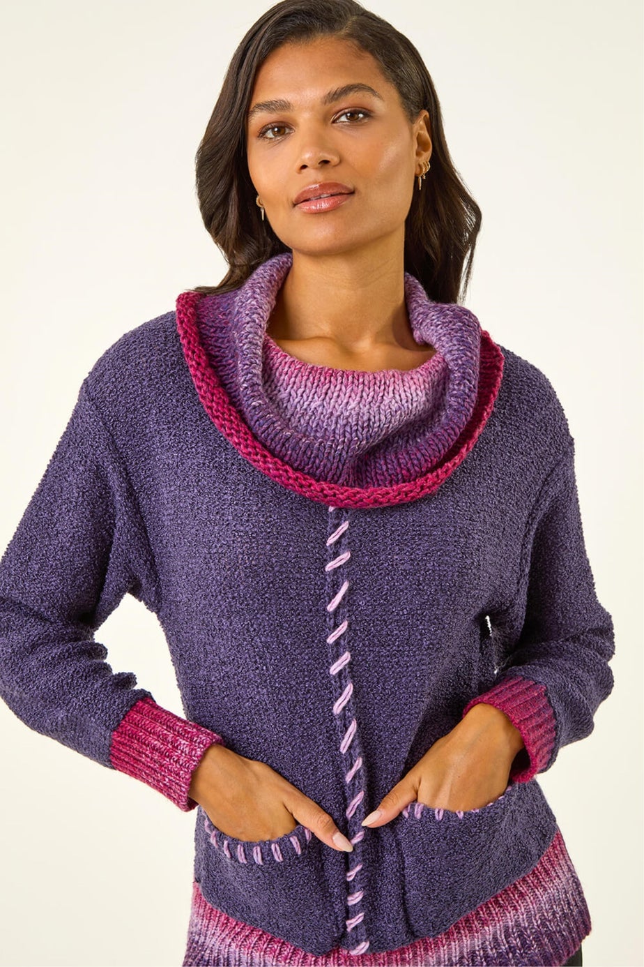 Roman Purple Roll Neck Patch Pocket Knit Jumper