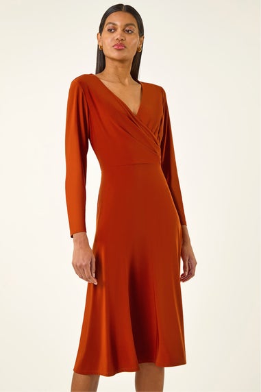 Roman Copper Wrap Bodice Tie Waist Midi Dress
