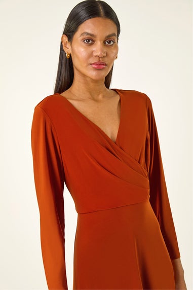 Roman Copper Wrap Bodice Tie Waist Midi Dress