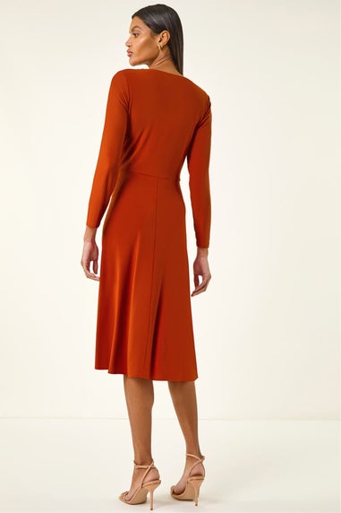 Roman Copper Wrap Bodice Tie Waist Midi Dress