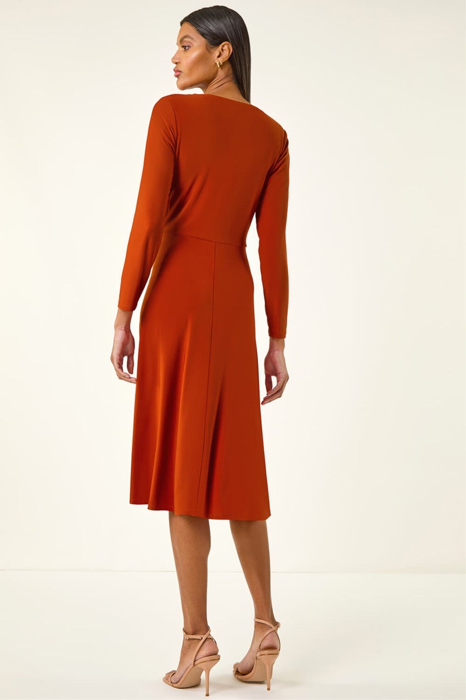 Roman Copper Wrap Bodice Tie Waist Midi Dress