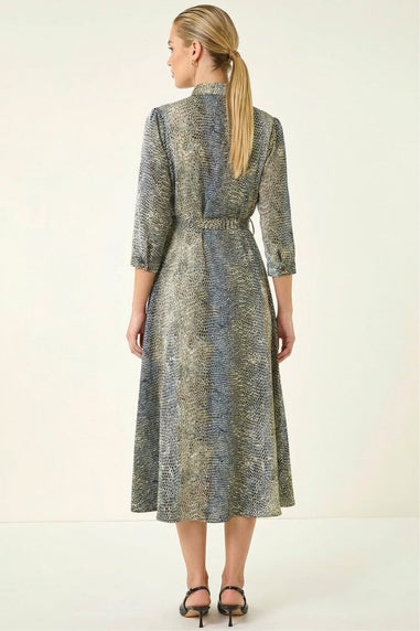 Roman Navy Animal Print Midi Shirt Dress